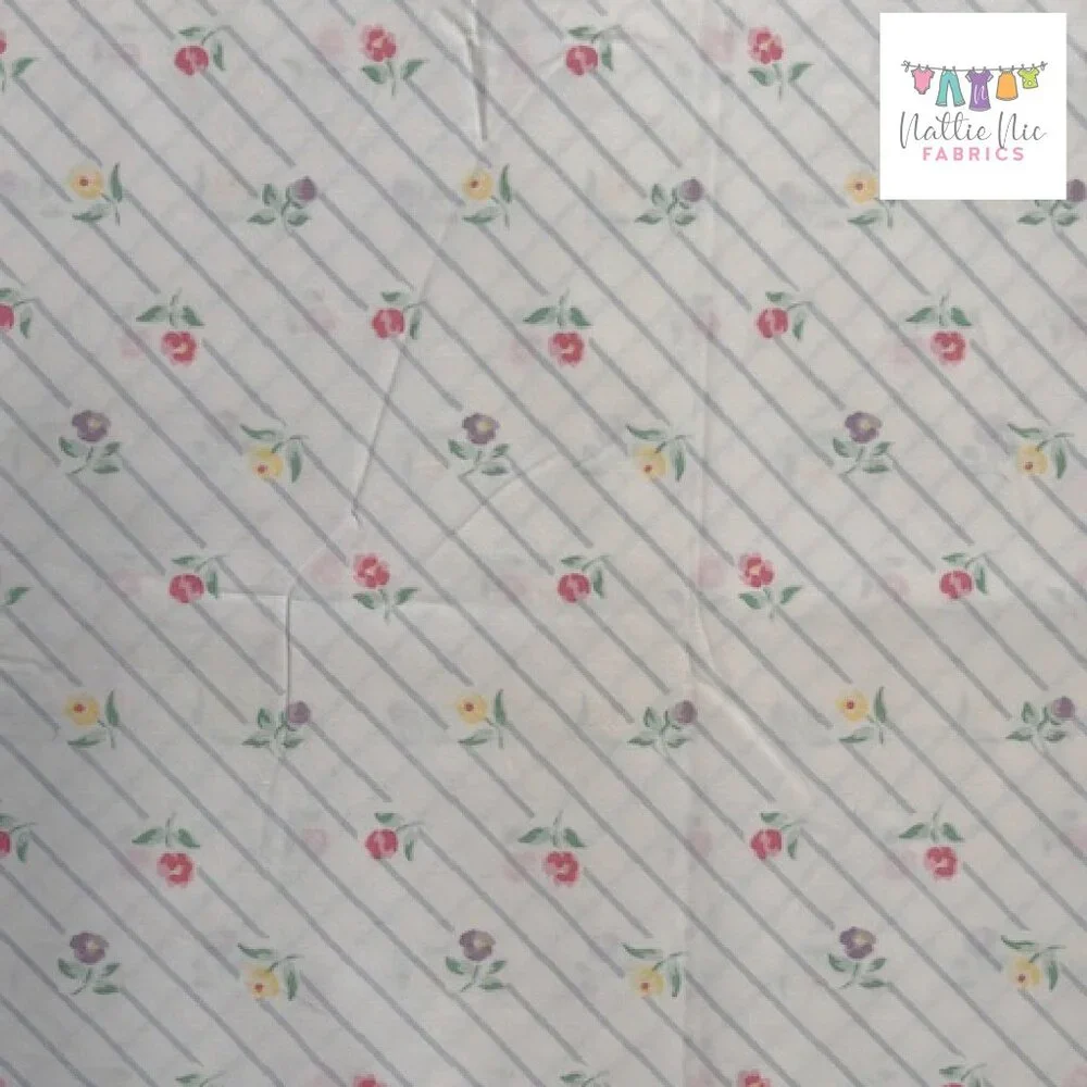 Vintage Queen Size Flat sheet in beautiful diagonal stripe rose floral, JC Penne